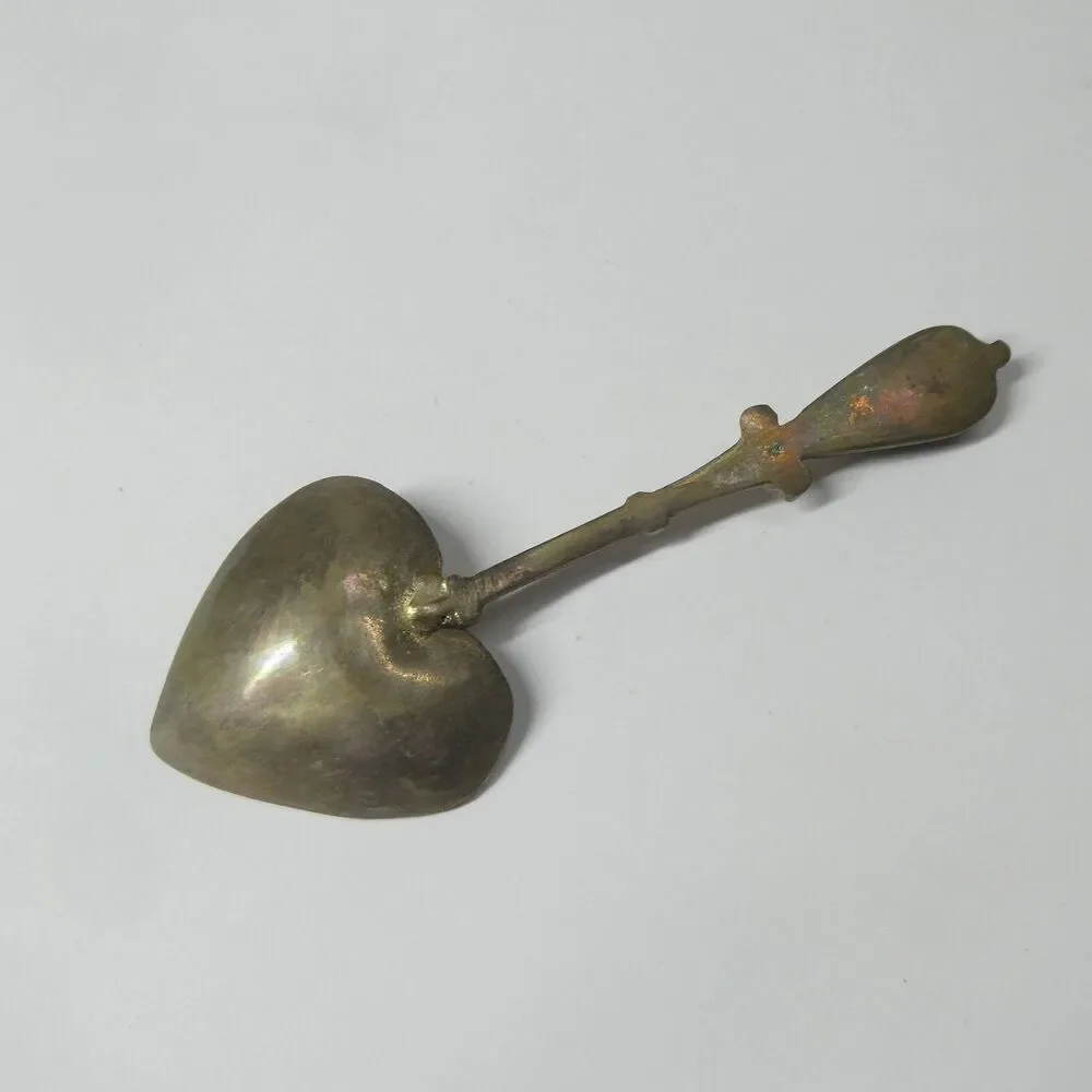 Heart Shaped  Demitasse Coffee Spoon Engraved w/Green Stone Jade? Vintage